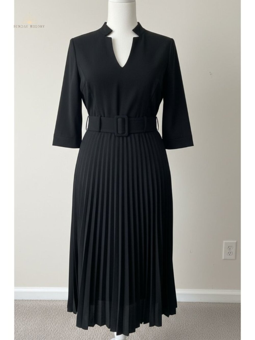 Women's Pleated Midi Dress V-Neck 3/4 Sleeve Belted Office Work
